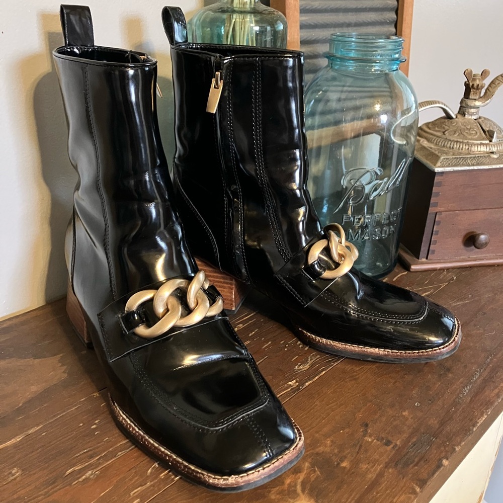 Steve Madden Loreen Black Patent Leather Ankle Boots with Gold Chain Detail